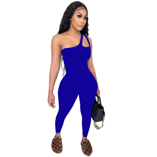 Blue Sexy Cut Out One Shoulder Tight Jumpsuit