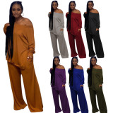 Red Slit Side Casual Top and Wide Leg Pants Plus Size 2PCS Set