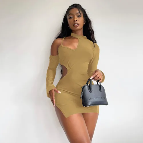 Khaki Sexy Cut Out Irregular Mini Club Dress