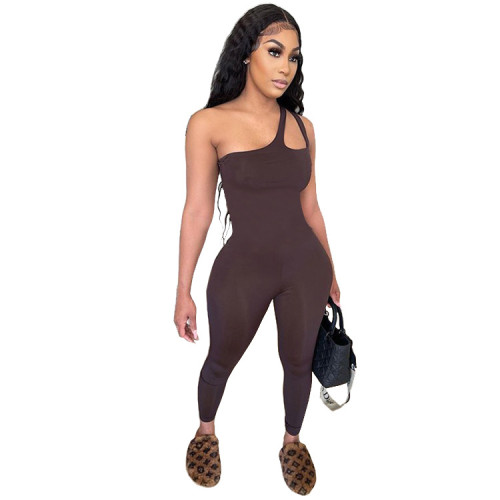 Brown Sexy Cut Out One Shoulder Tight Jumpsuit