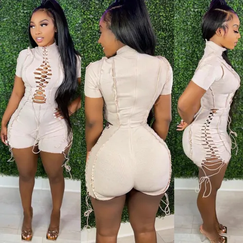 Orange Hollow Out Lace Up Short Sleeve Bodycon Rompers