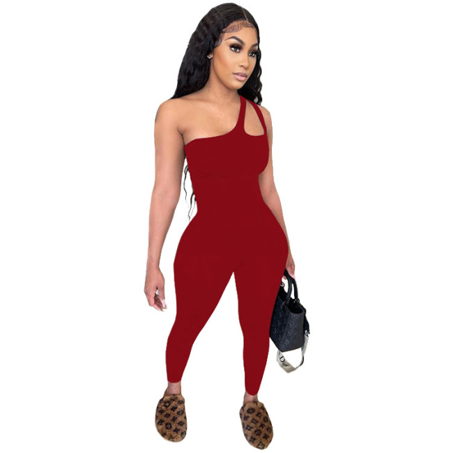 Red Sexy Cut Out One Shoulder Tight Jumpsuit