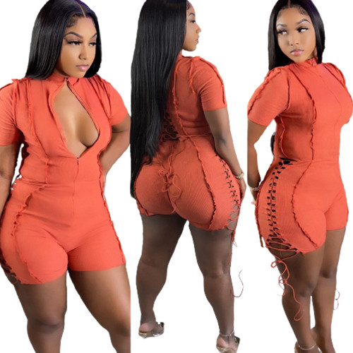 Plus Size Orange Hollow Out Lace Up Short Sleeve Bodycon Rompers