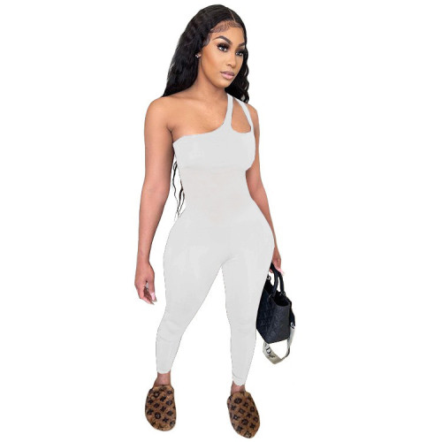 White Sexy Cut Out One Shoulder Tight Jumpsuit