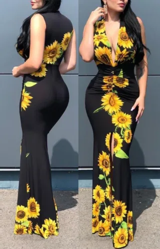 Sexy Floral V Neck Sleeveless Split Mermaid Evening Dress