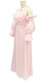 Pink Off Shoulder Long Bubble Sleeve Folded Maxi Dress