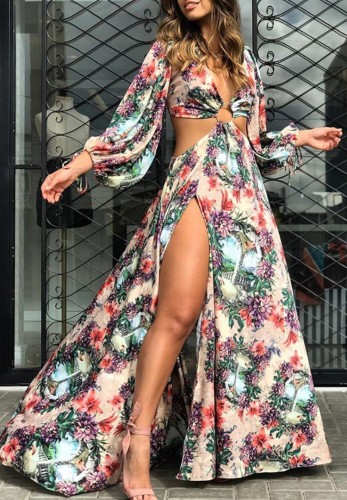 Flower Print Cut Out O-Ring Slit Long Sleeve Maxi Dress