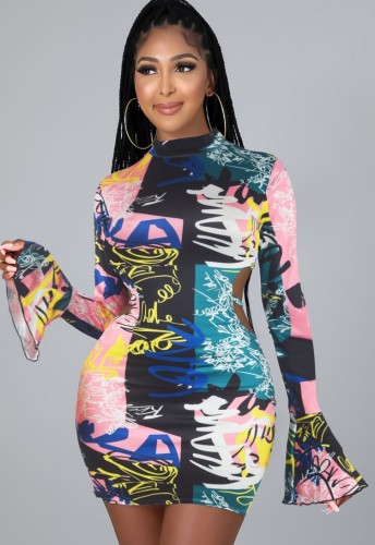 Multicolor Flare Sleeve Blackless Slinky Short Dress