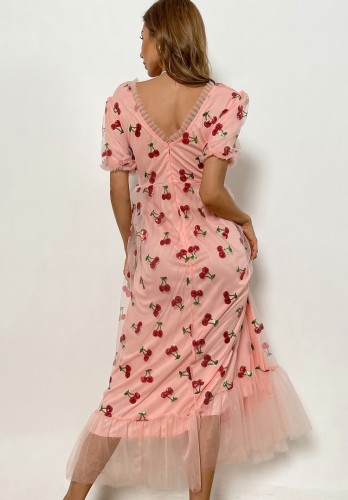 pink deep V-neck with waist stripe lace Cherry Sequins long dress