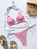 Pink Halter Lace-up Bikini Two Piece Set