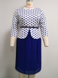 Plus Size Dot Print Top and Blue Midi Pleated Dress Two Piece Set