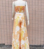 Tie Dye Strapless Knotted Crop Top and Wide Pants Two Piece Outfits