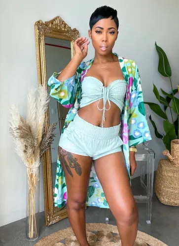 Flower Print Long Sleeve Green Light Outerwear