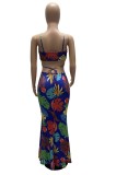 Floral Blue Hollow Out Halter Cami Mermaid Maxi Dress