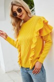 Casual Yellow O-Neck Frill Long Sleeve Sweater