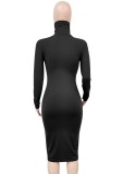 Black High Neck Long Sleeve Bodycon Midi Dress