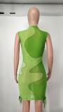 Green Color Fade See Through Sleeveless Short Dress