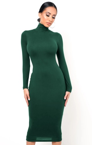 Dark Green High Neck Long Sleeve Bodycon Midi Dress