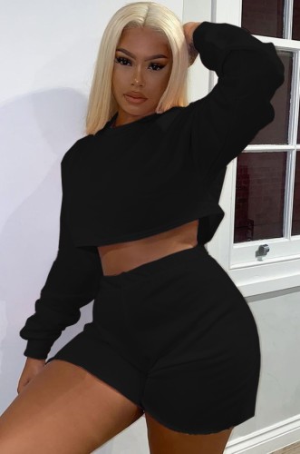 Black Long Sleeve O-Neck Crop Top and Matching Shorts Two Piece Set