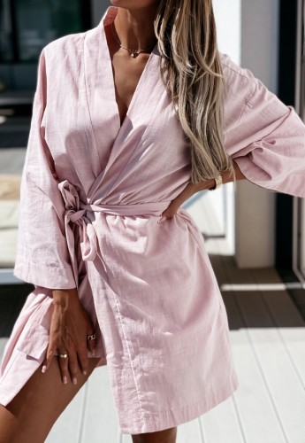 Pink Long Wide Sleeve Blouse Dress with Belt