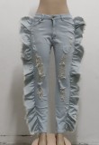 Light Blue Distressed Side Ruffles Skinny Jeans