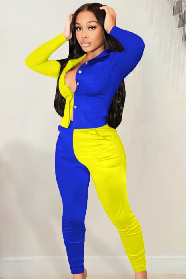 Yellow and Blue Contrast Long Sleeve Blouse and Matching Pants Two Piece Set