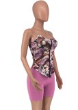 Purple Printed Zipper Fitted Bandeau Top and Matching Shorts Two Piece Set