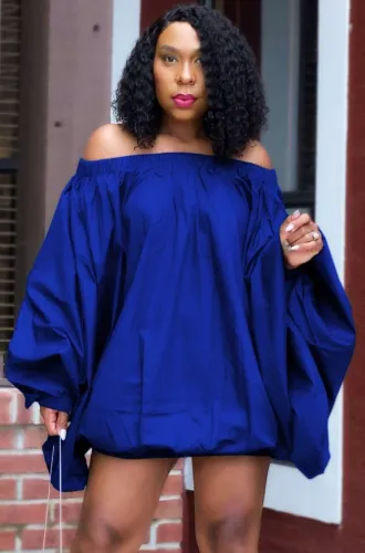 Blue Off Shoulder Puff Sleeve Loose Mini Dress
