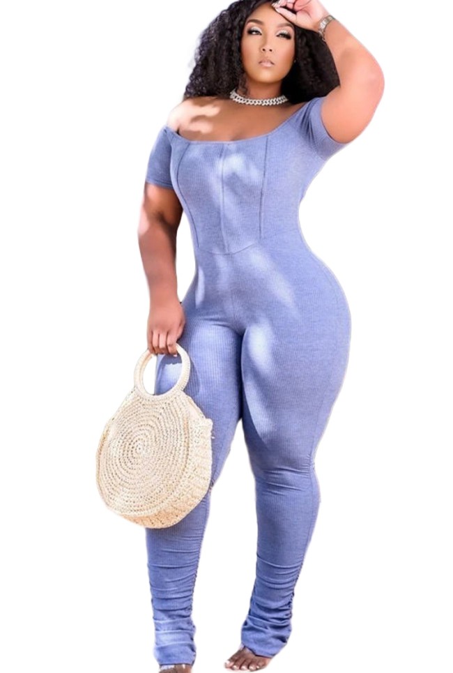 Light Blue Off Shoulder Ruched Ribbed Jumpsuit