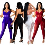 Sexy Red See Through Belt Cami Fitted Jumpsuit