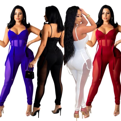 Sexy Kahaki See Through Belt Cami Fitted Jumpsuit
