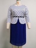 Plus Size Dot Print Top and Blue Midi Pleated Dress Two Piece Set