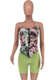 Green Printed Zipper Fitted Bandeau Top and Matching Shorts Two Piece Set