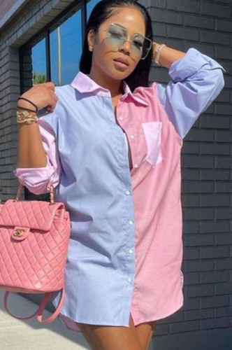 Pink and Blue Contrast Long Sleeve Button Up Blouse