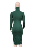 Dark Green High Neck Long Sleeve Bodycon Midi Dress