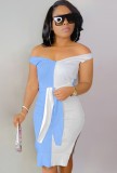 Blue and White Contrast Off Shoulder Split Ribbed Knotted Bodycon Midi Dress