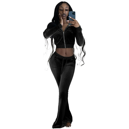 Black Velvet Crop Jacket and Flare Pants Two Pieces Tracksuit