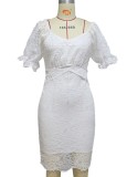White Lace Short Sleeve Midi Slim Fit Dress