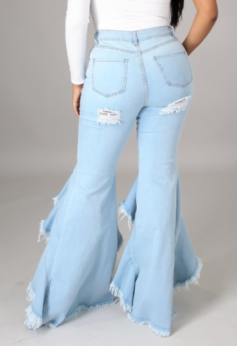 Light Blue Distressed Bottom Irregular Ruffles Skinny Flare Jeans