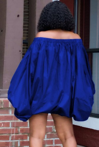 Blue Off Shoulder Puff Sleeve Loose Mini Dress