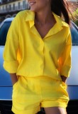 Casual Yellow Long Sleeve Shirt and Matching Short Set