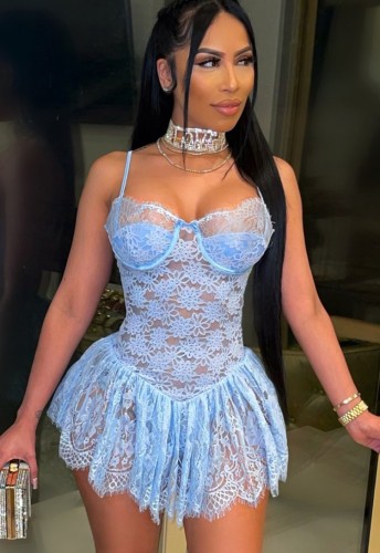 Blue Lace Sexy Cami Bustier Dress