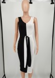 Black and White Contrast Off Shoulder Split Ribbed Knotted Bodycon Midi Dress