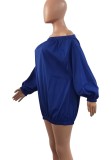 Blue Off Shoulder Puff Sleeve Loose Mini Dress