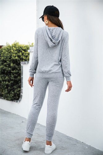 Printed Grey Hoody Drawstring Long Sleeve Sportswear