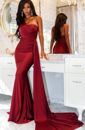 Red Silk One Shoulder Mermaid Evening Dress with Long Ribbon