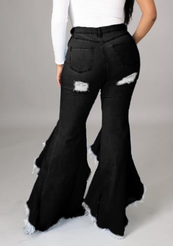 Black Distressed Bottom Irregular Ruffles Skinny Flare Jeans