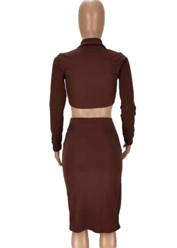 Brown Long Sleeve Turndown Collar Top and Ruched Drawstring Skirt Two Piece Set