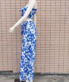 Blue and White Pirnt Strapless Knotted Crop Top and Wide Pants Two Piece Outfits