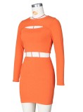 Orange Hollow Out Long Sleeve Crop Top and Skirt Two Piece Outfits